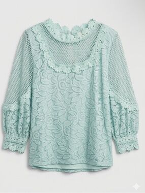 B My Story Lace Crochet Puff-Sleeve Top in Mint